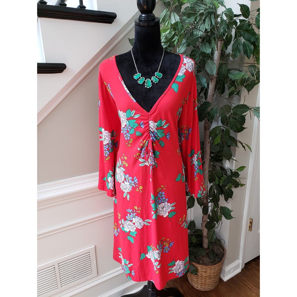Bobbie Brooks Knee Length Dress Women 3x Red Floral Ruched Long Sleeve V Neck